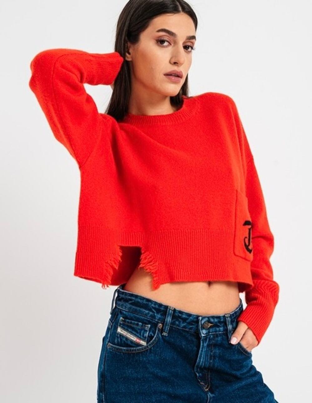 EUC Diesel Red Cropped Wool Cashmere Sweater Distressed Hem Logo Pocket Sz Small